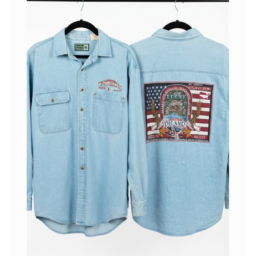 Vintage Snowshoe Thompson Denim Shirt Lucky Pilsner American Salute Light Wash